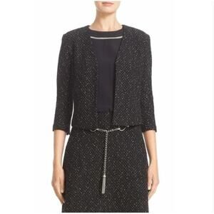 St John USA Made‎ Wool Cotton Textured Crop Open Front Black Jacket Blazer 8